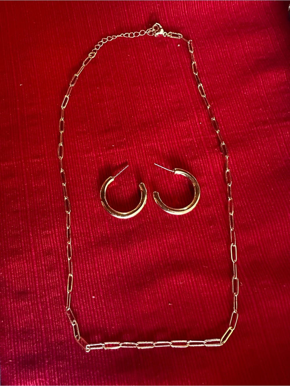 Gold Paperclip Chain Necklace with Matching Gold Hoop Earrings - Women